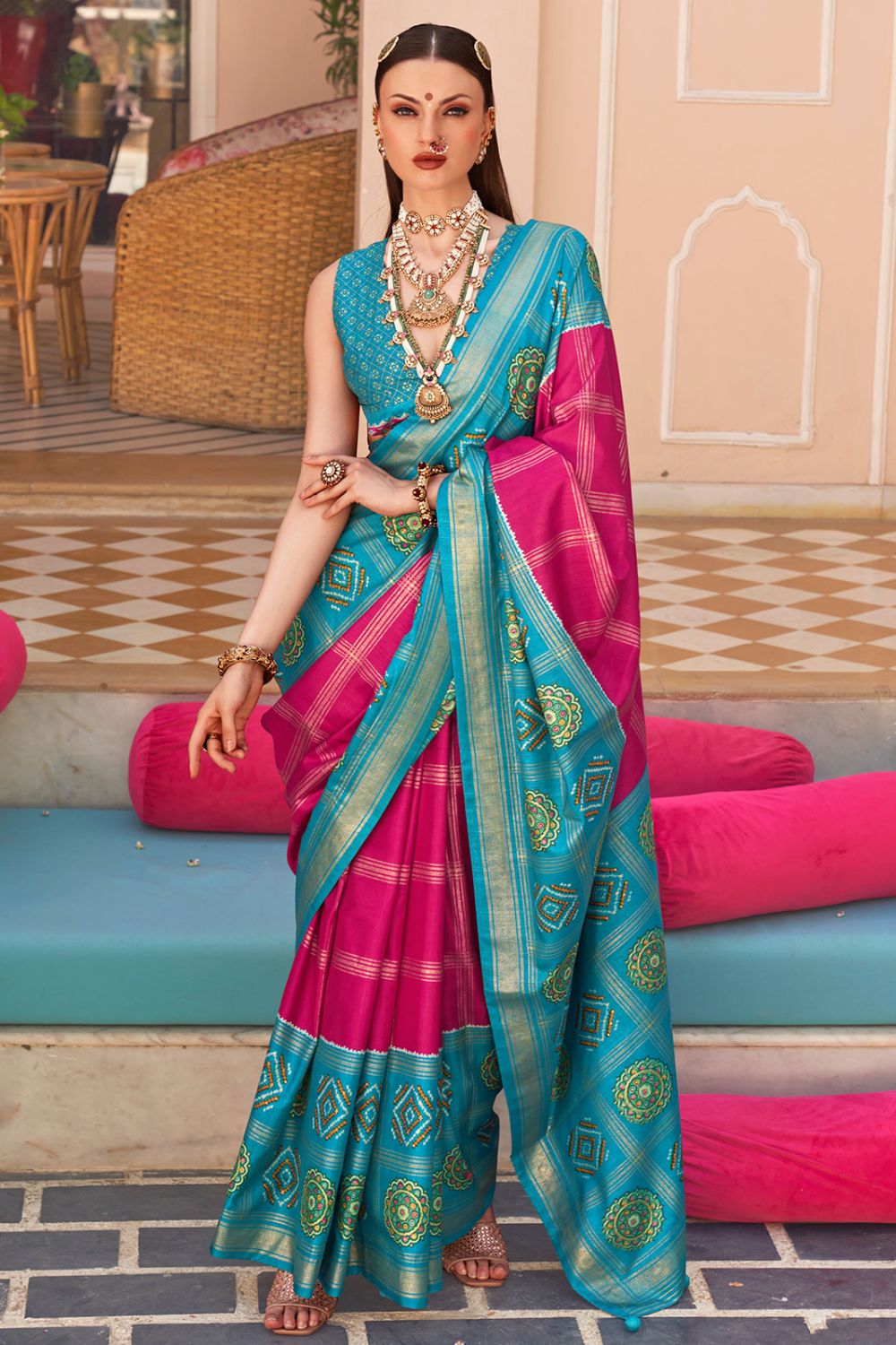 Raspberry Pink Foil Print Patola Design Silk Saree