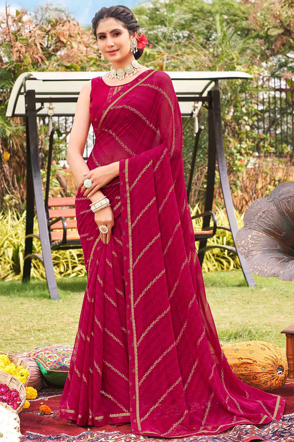 Raspberry Pink Printed Georgette Casual Wear Saree