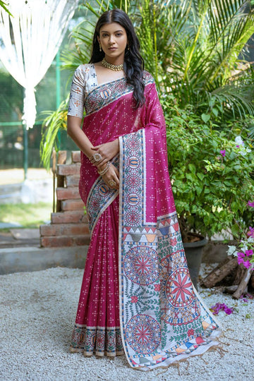 Raspberry Pink Printed Tussar Silk Digital Printed Saree