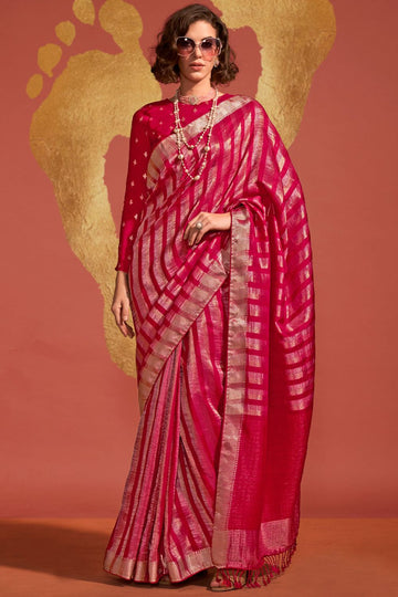 Raspberry Pink Pure Viscose Handloom Weaving Saree for Festival