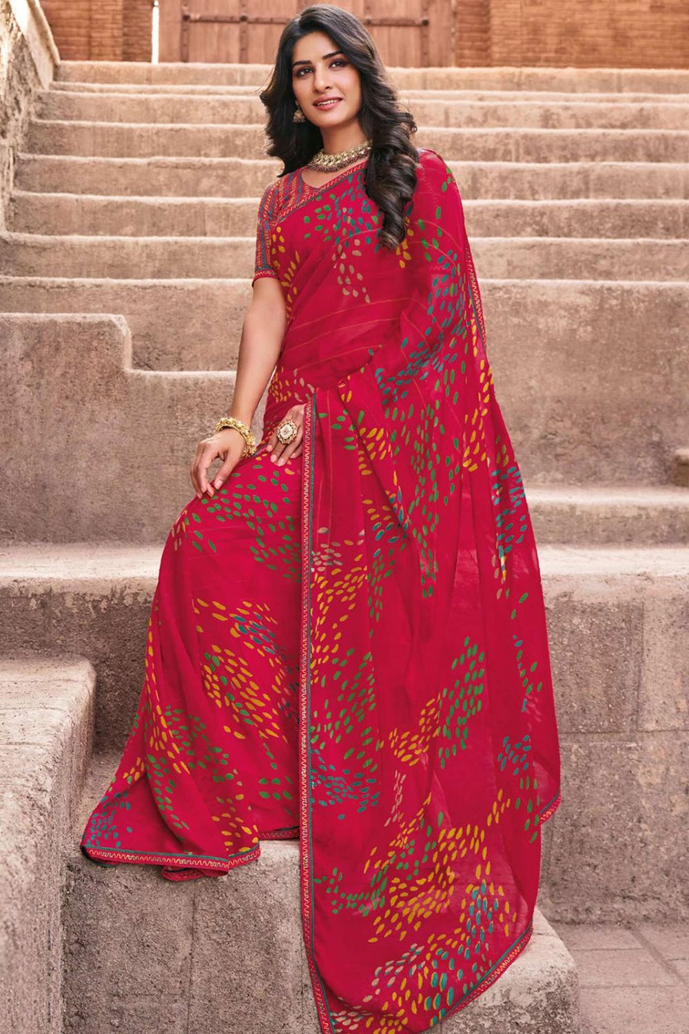 Raspberry Printed Georgette Casual Saree