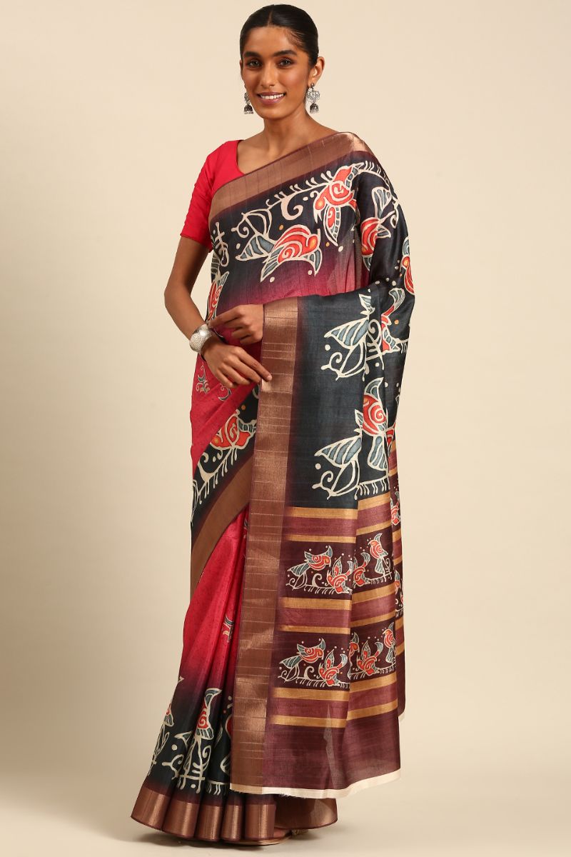 Red and Black Cotton Digital Print Saree