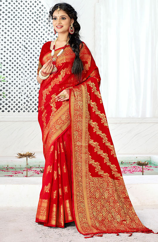 Red Banarasi Silk Woven Saree for Festival