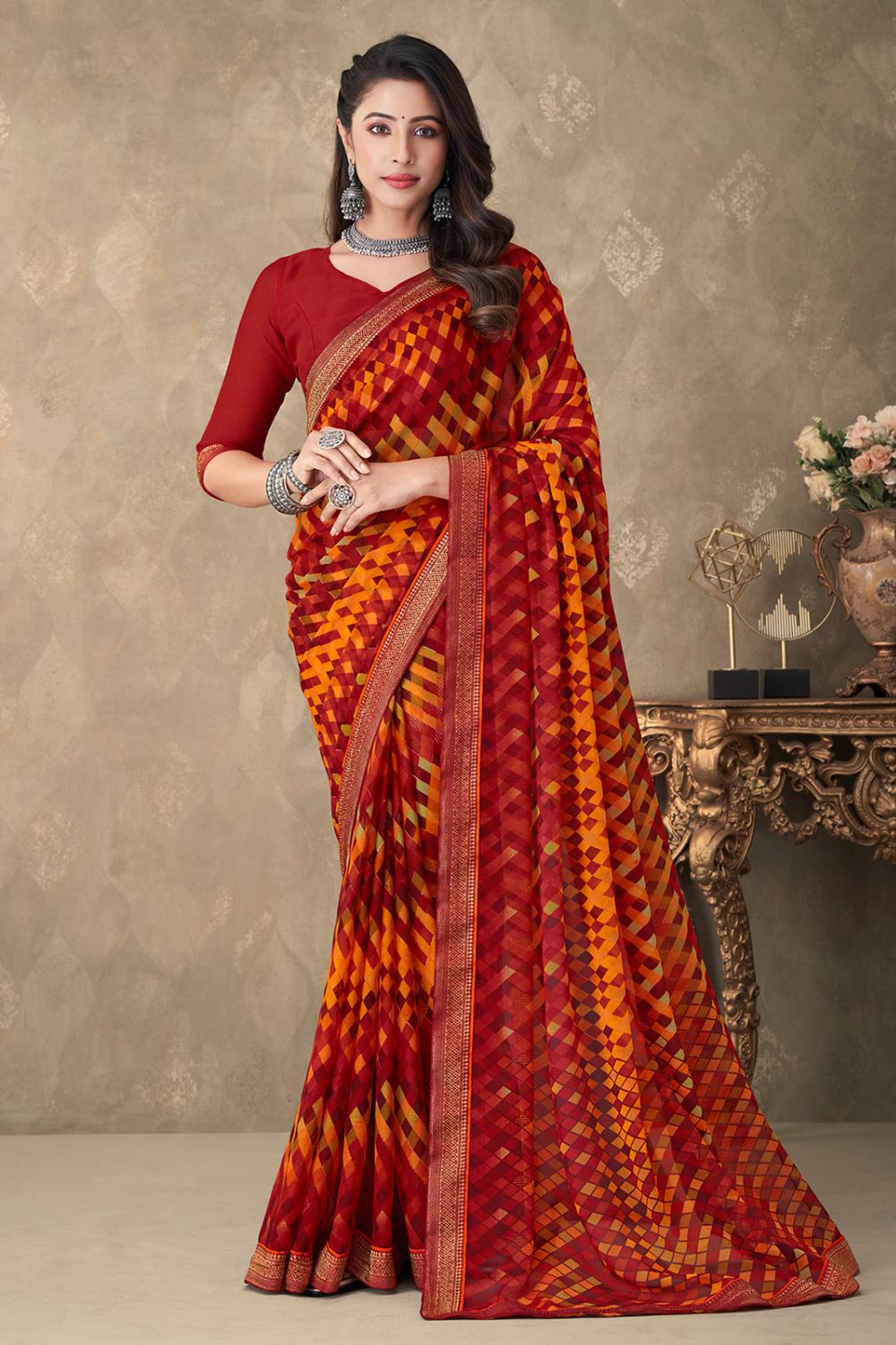 Red Chiffon Printed Casual Wear Saree