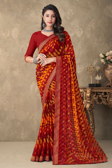 Red Chiffon Printed Casual Wear Saree