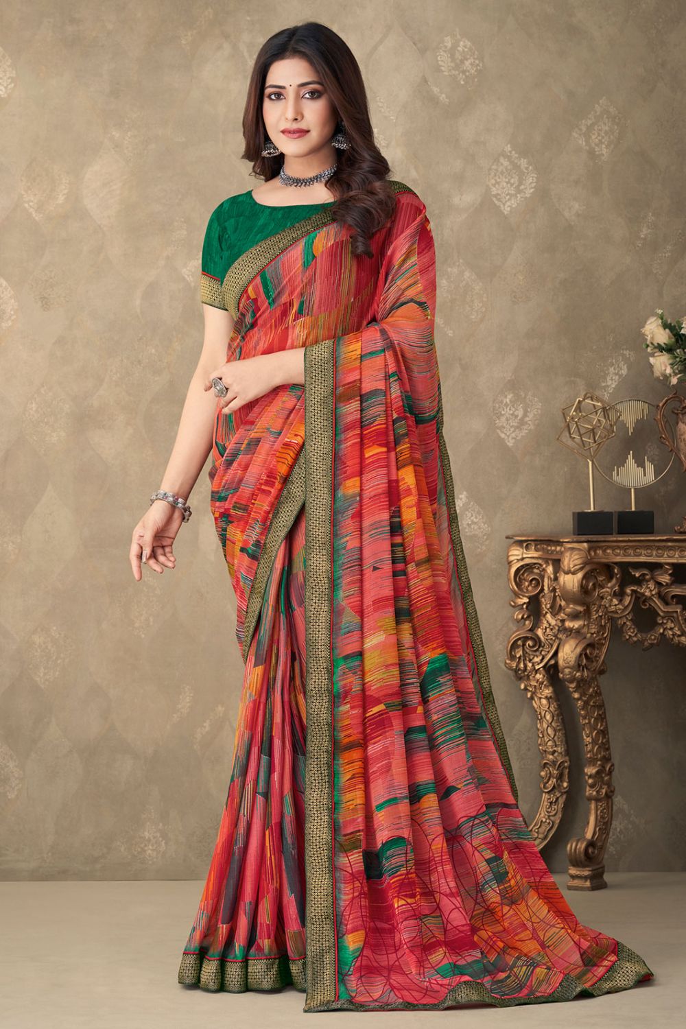 Red Chiffon Printed Casual Wear Saree