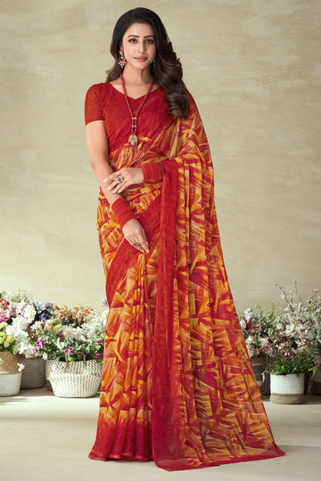 Red Chiffon Printed Casual Wear Saree