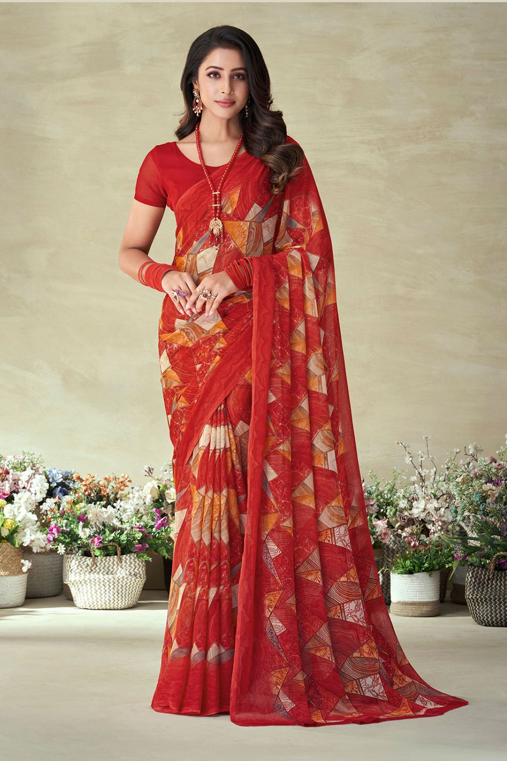 Red Chiffon Printed Casual Wear Saree