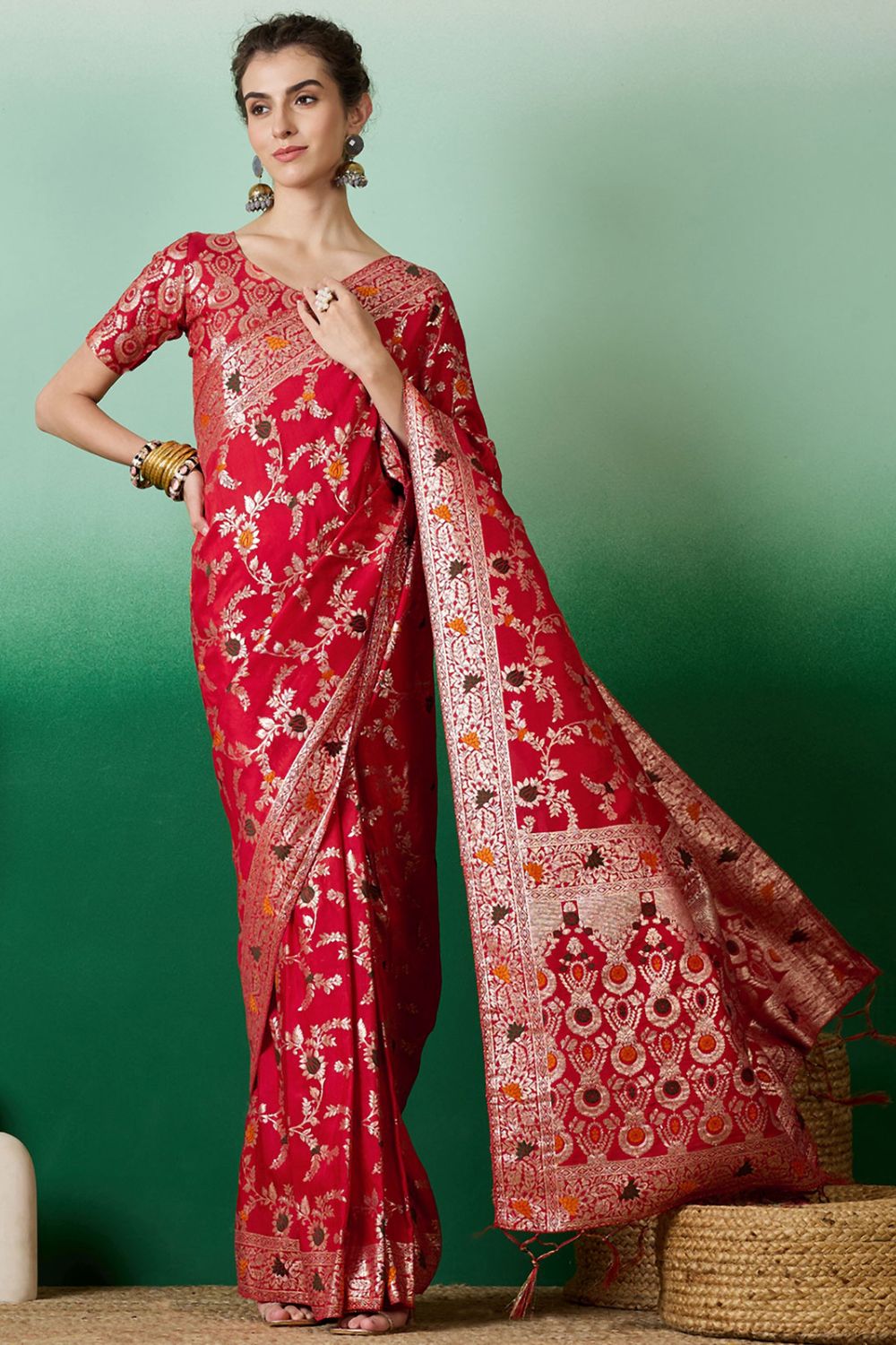 Red Dola Jacquard Zari Woven Saree for Party