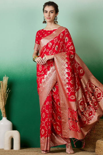 Red Dola Jacquard Zari Woven Saree for Party