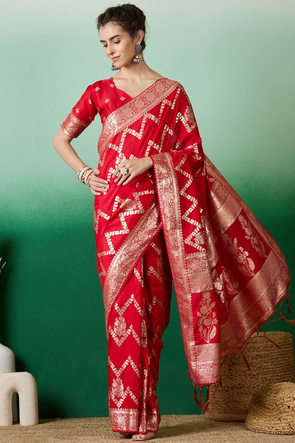 Red Dola Jacquard Zari Woven Saree for Party