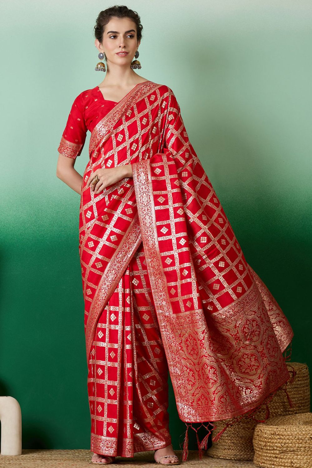 Red Dola Jacquard Zari Woven Saree for Party