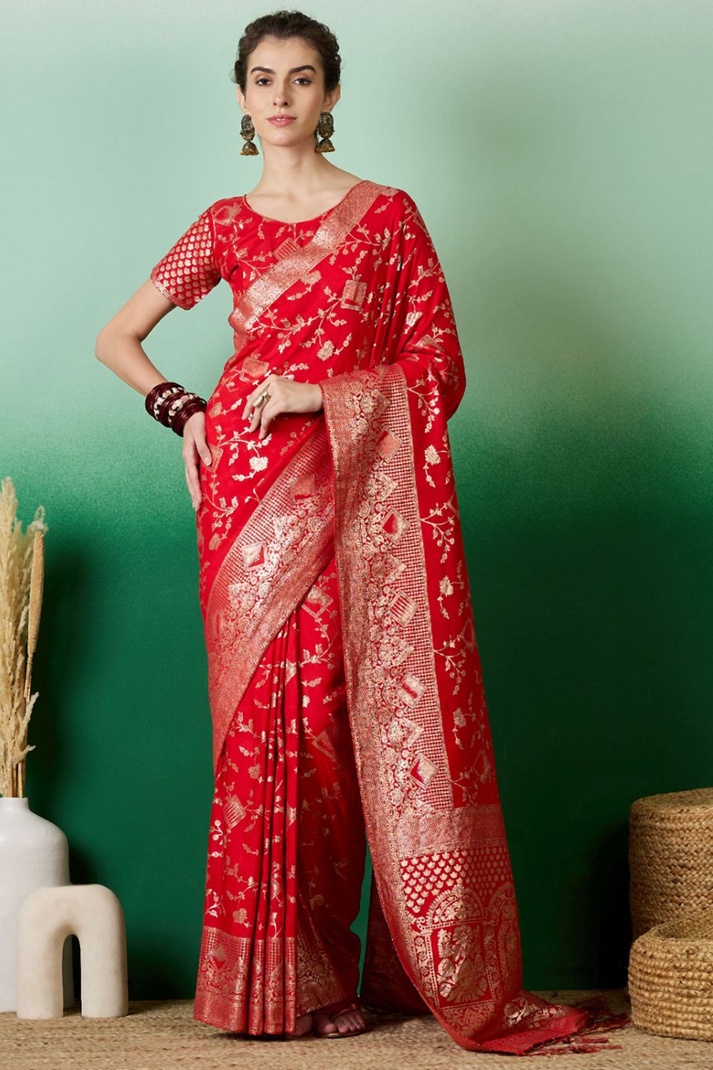 Red Dola Jacquard Zari Woven Saree for Party