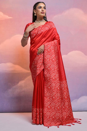 Red Handloom Raw Silk Woven Party Wear Saree