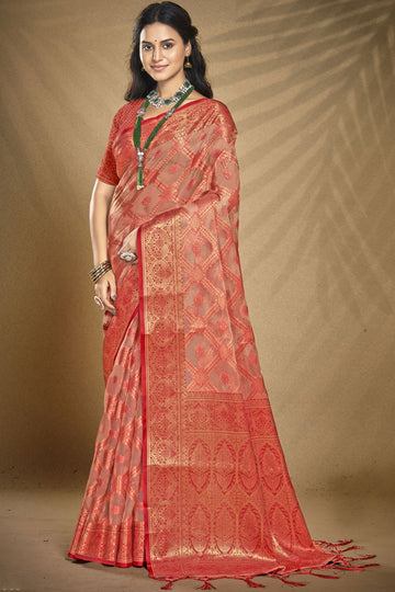 Red Woven Partywear Organza Saree