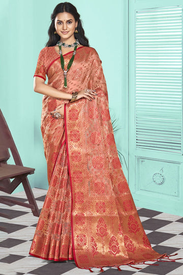 Red Woven Partywear Organza Saree