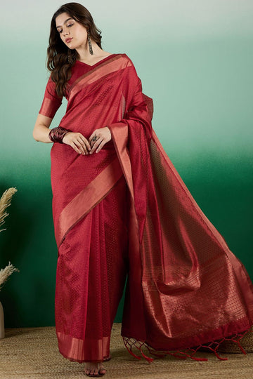 Red Organza Woven Party Wear Saree