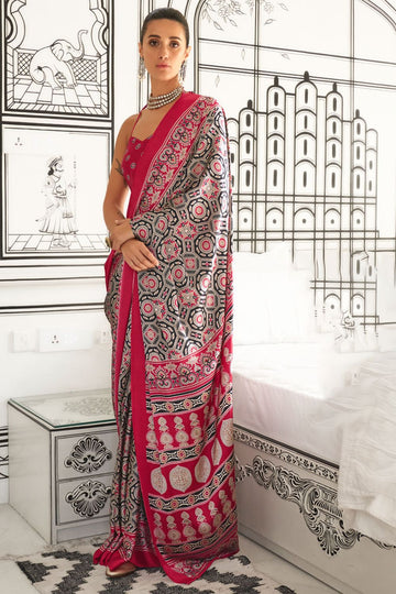 Red Satin Crepe Digital Printed Casual Wear Saree