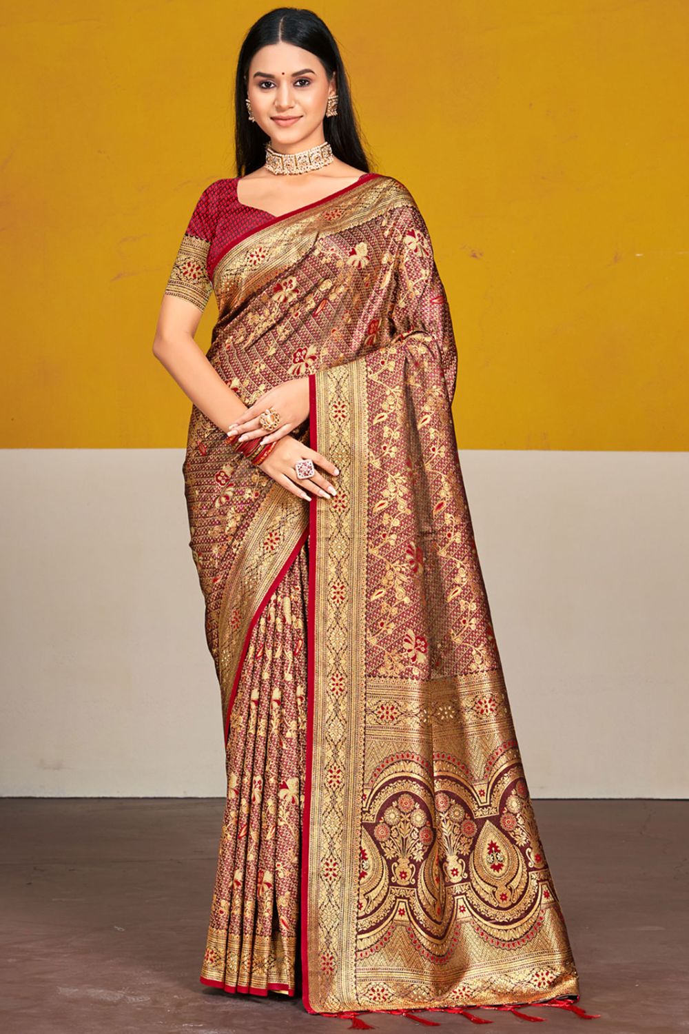 Red Satin Silk Woven Saree