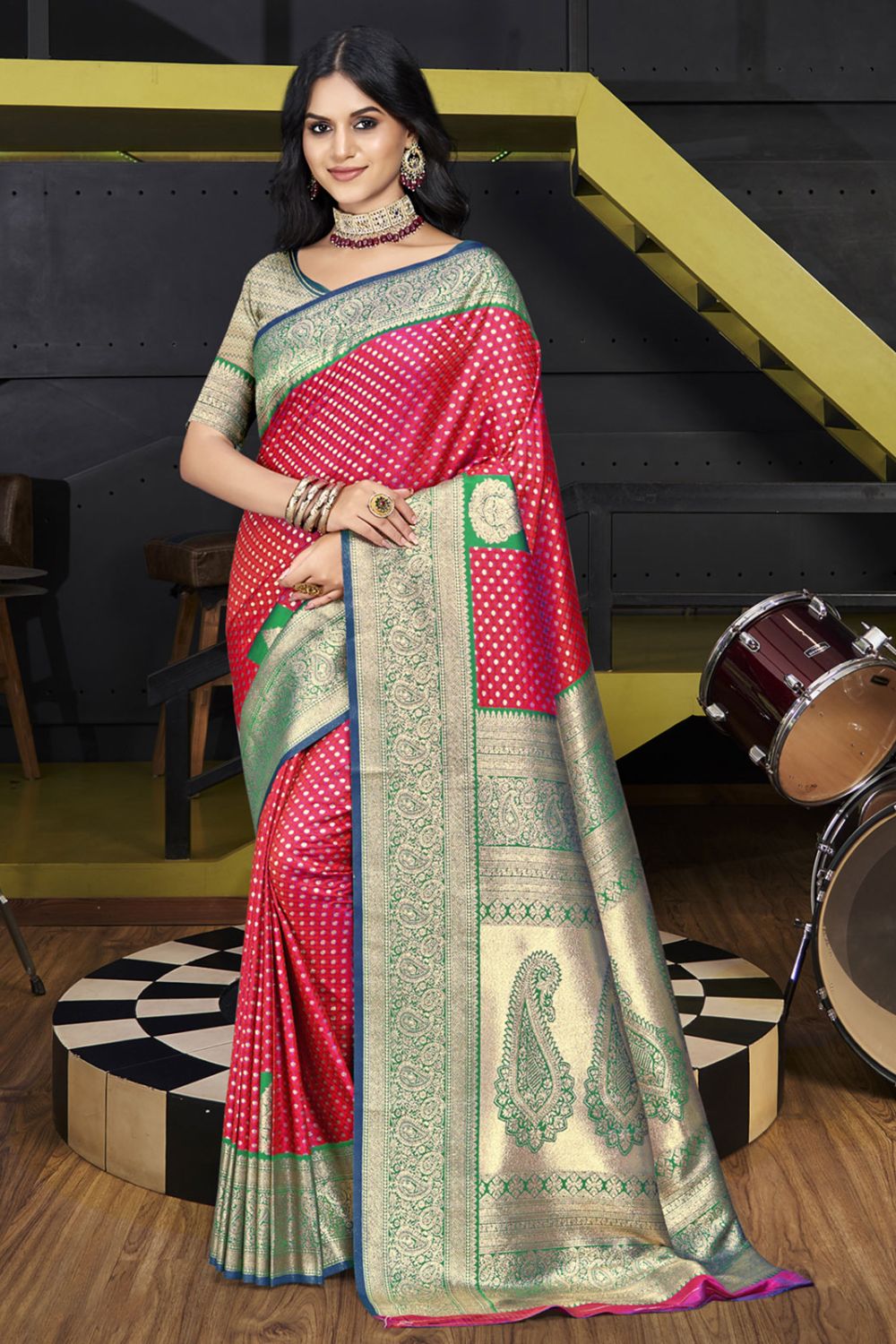 Red Silk Woven Work Saree