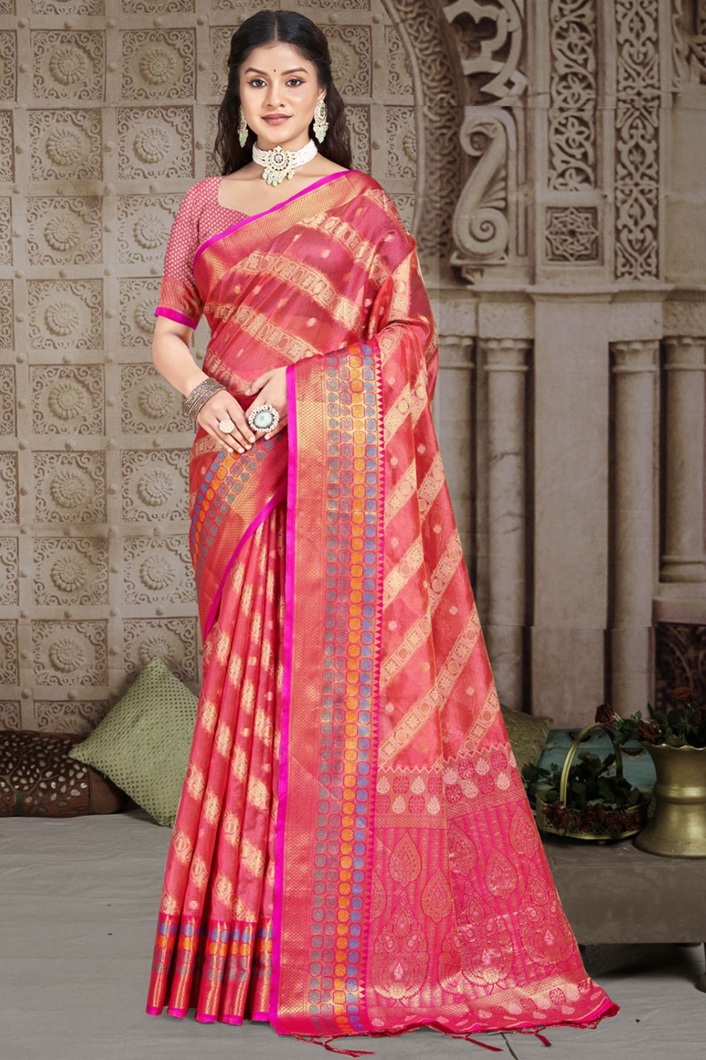 Red Silk Woven Work Saree