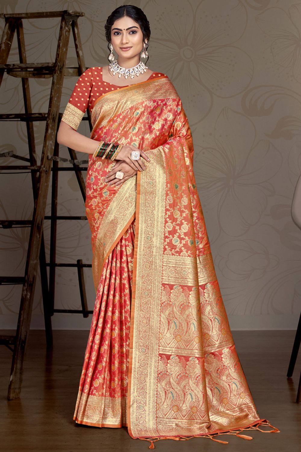 Red Silk Woven Work Saree