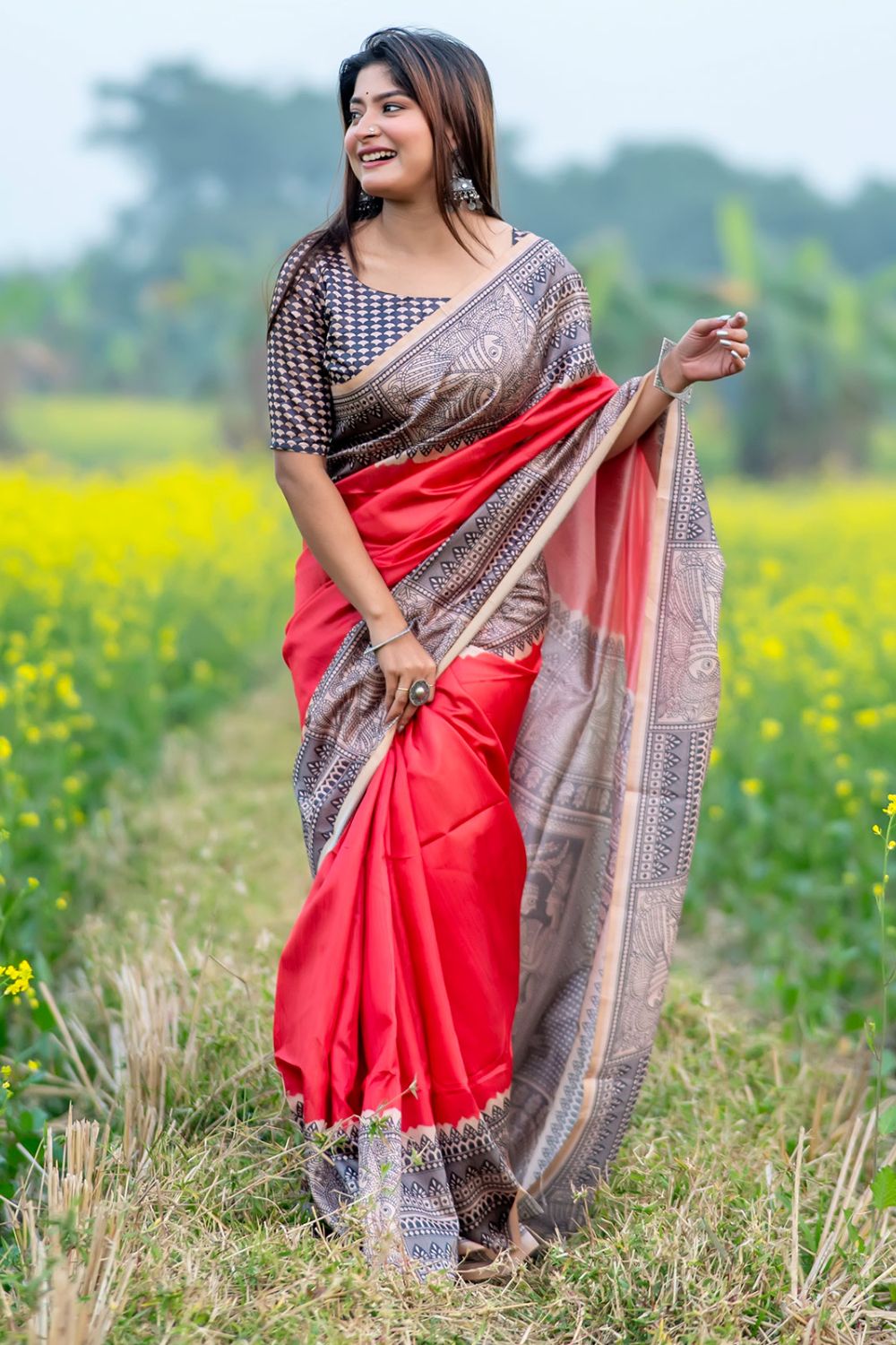 Red Soft Tussar Silk Party Wear Saree