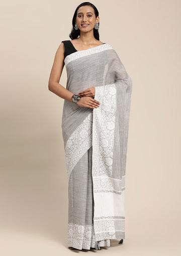 Ash Grey Chikankari Printed Linen Saree for Party