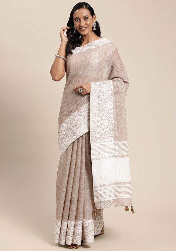 Dusty Beige Chikankari Printed Linen Saree for Party