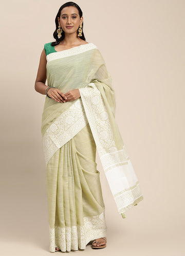 Pastel Green Chikankari Printed Linen Saree for Party