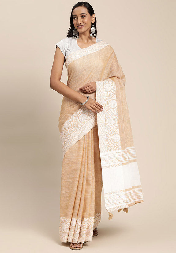 Fawn Chikankari Printed Linen Saree for Party