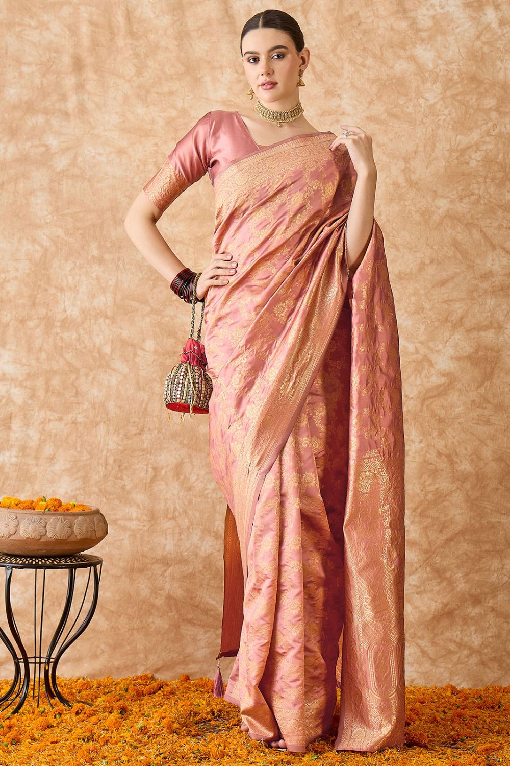 Rose Gold Banarasi Silk Saree for Festival