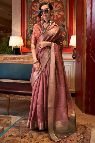 Rose Gold Woven Moss Chiffon Party Wear Saree