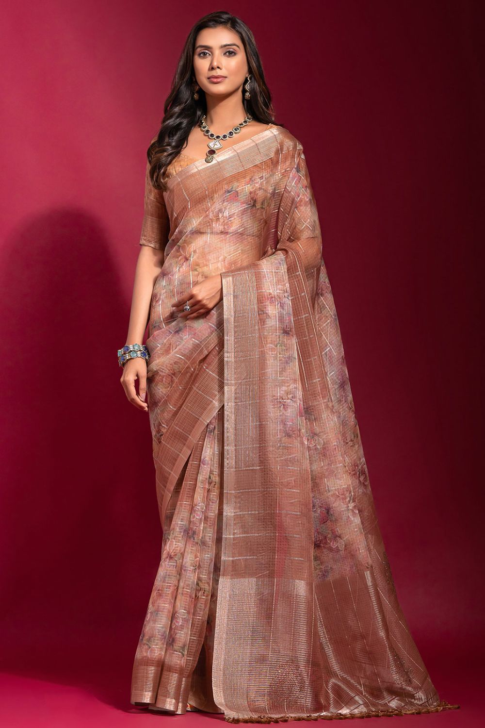 Rose Gold Zari Checks Linen Silk Party Wear Saree