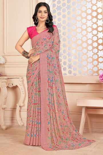 Rose Pink Chiffon Printed Casual Wear Saree