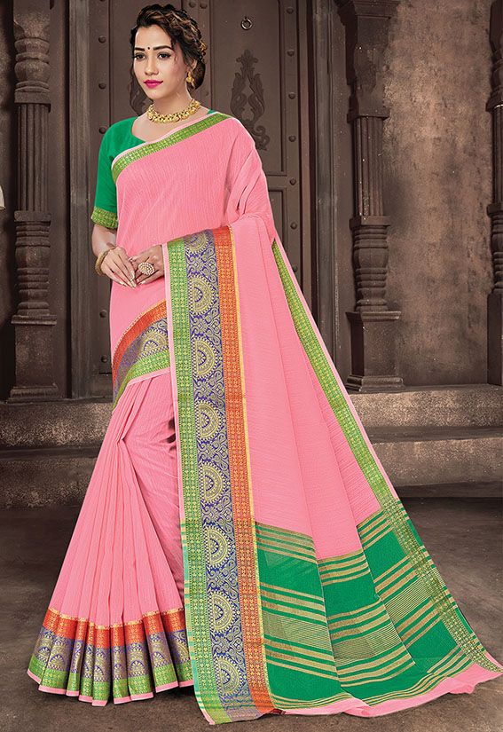 Rose Pink Cotton Handloom Saree for Festival