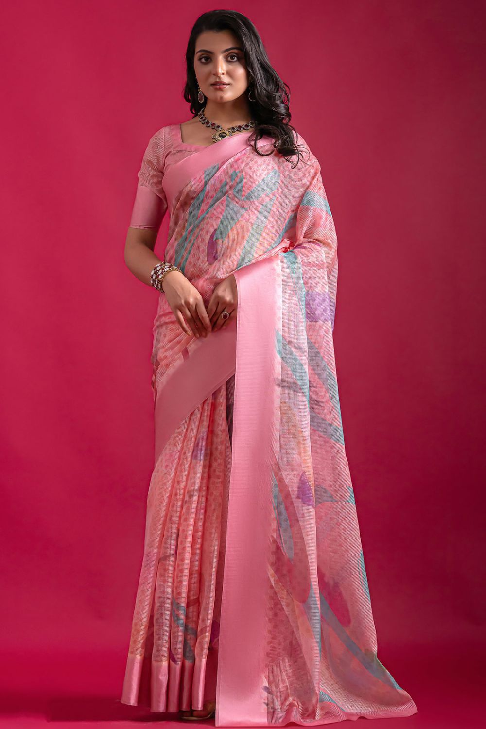 Rose Pink Digital Print Linen Saree for Party