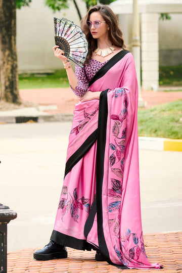 Rose Pink Digital Print Satin Saree