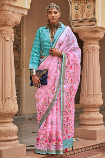 Rose Pink Linen Kora Floral Print Saree