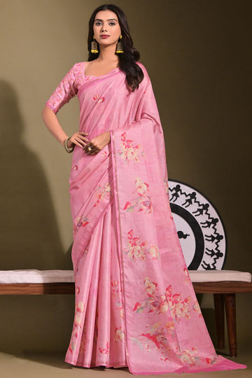 Rose Pink Floral Printed Tussar Silk Saree for Party