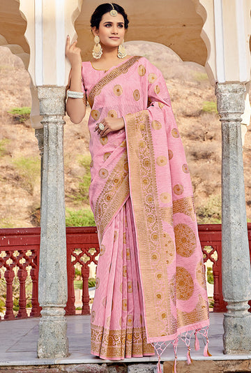 Rose Pink Foil Print Linen Saree for Party