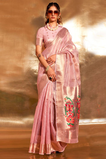 Rose Pink Zari Tissue Paithani Pallu Saree for Festival