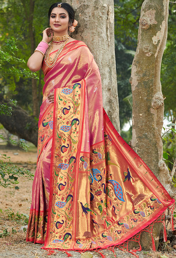 Rouge Pink Paithani Silk Zari Weaving Work Saree