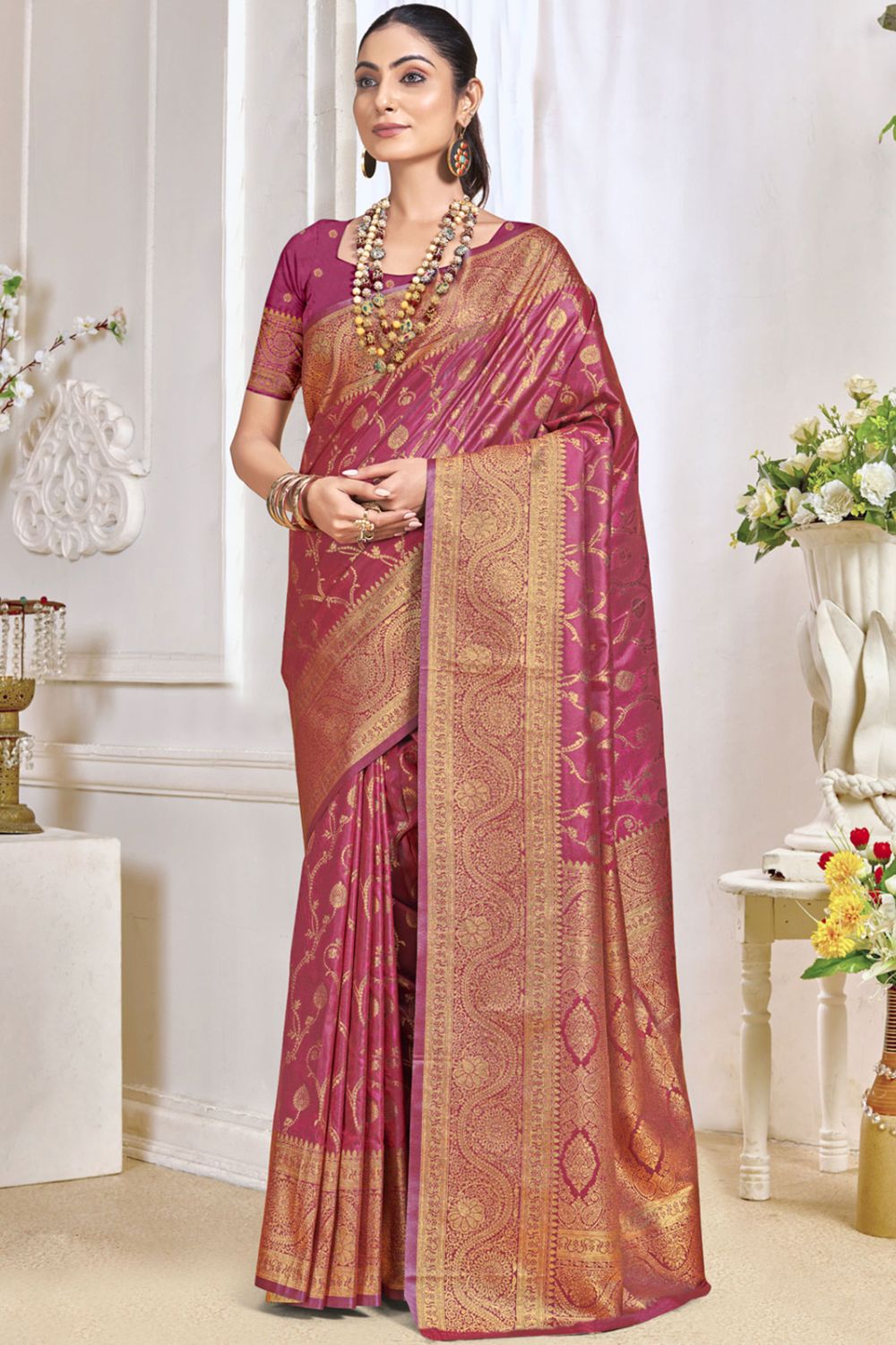 Rouge Pink Silk Woven Work Saree