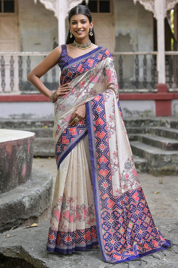 Royal Blue and Beige Soft Tussar Silk Digital Printed Saree