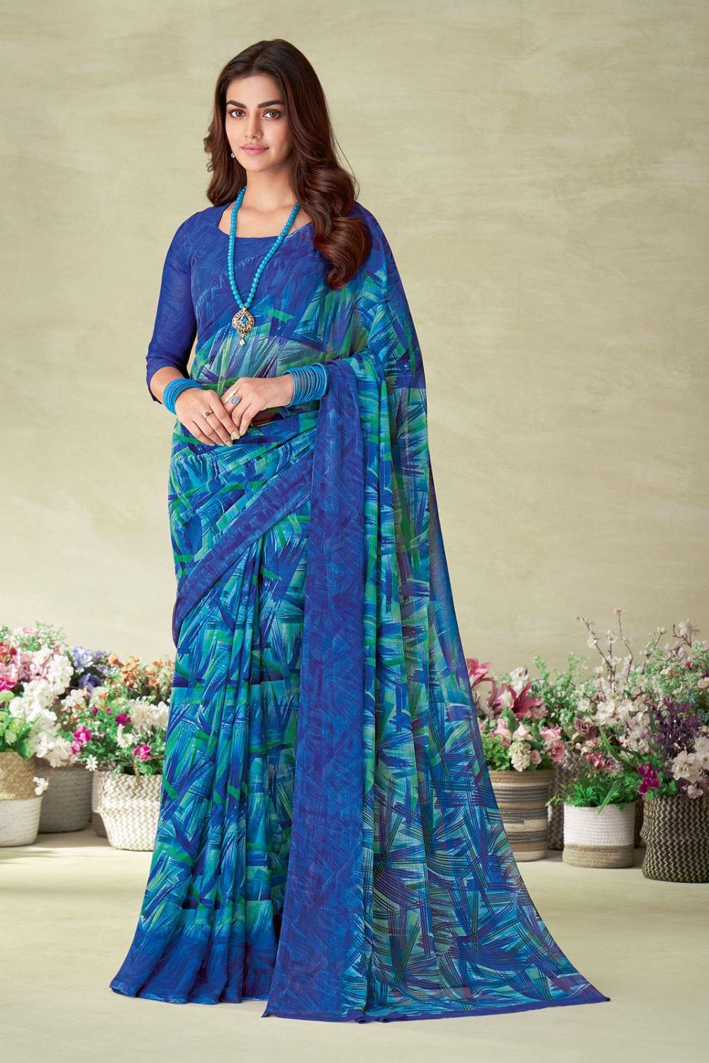 Royal Blue Chiffon Printed Casual Wear Saree