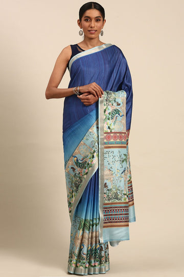 Royal Blue Printed Cotton Saree