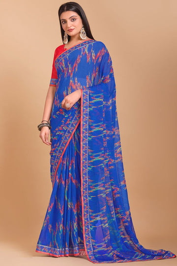 Royal Blue Digital Printed Chiffon Casual Wear Saree