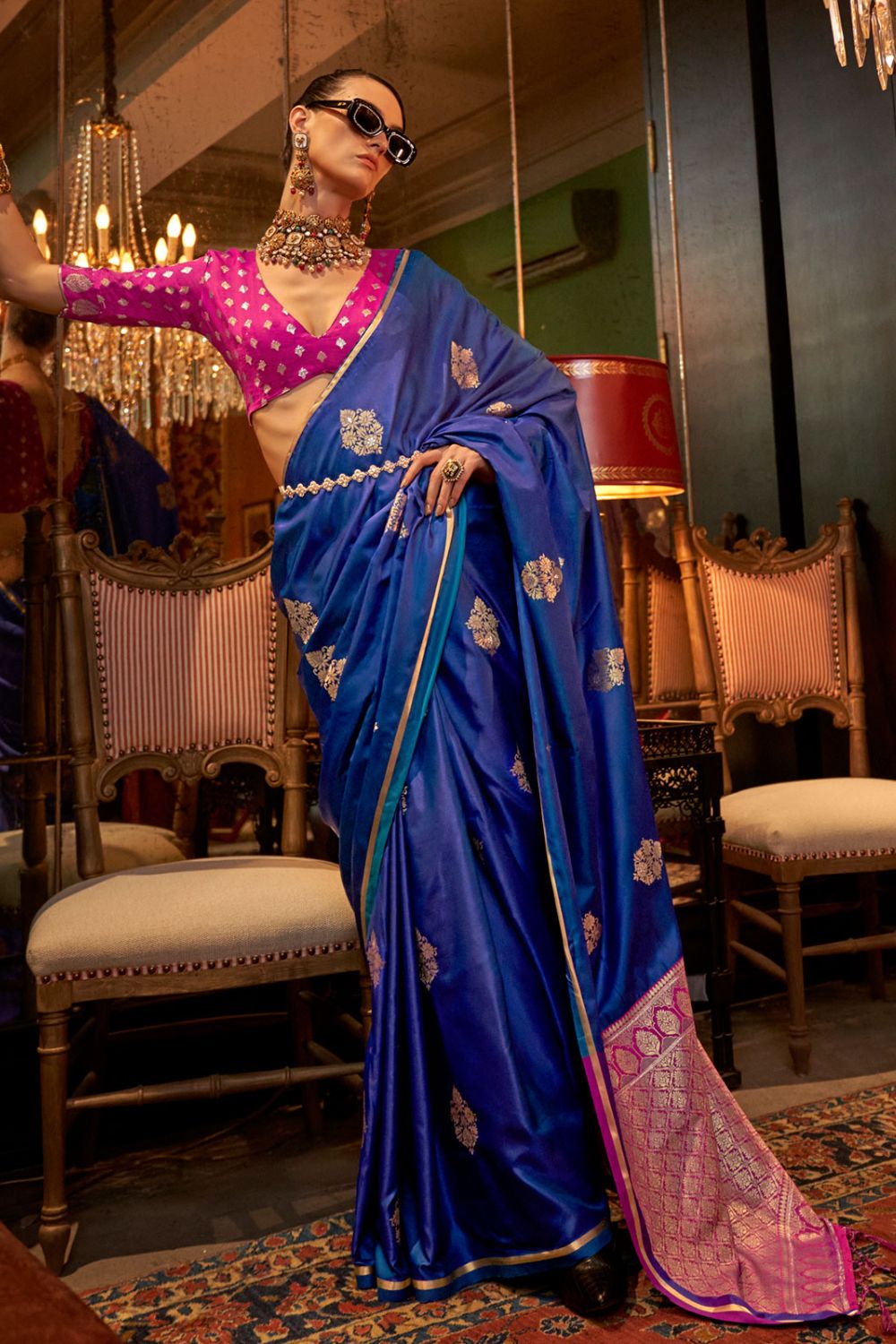 Royal Blue Handloom Weaving Satin Saree for Party