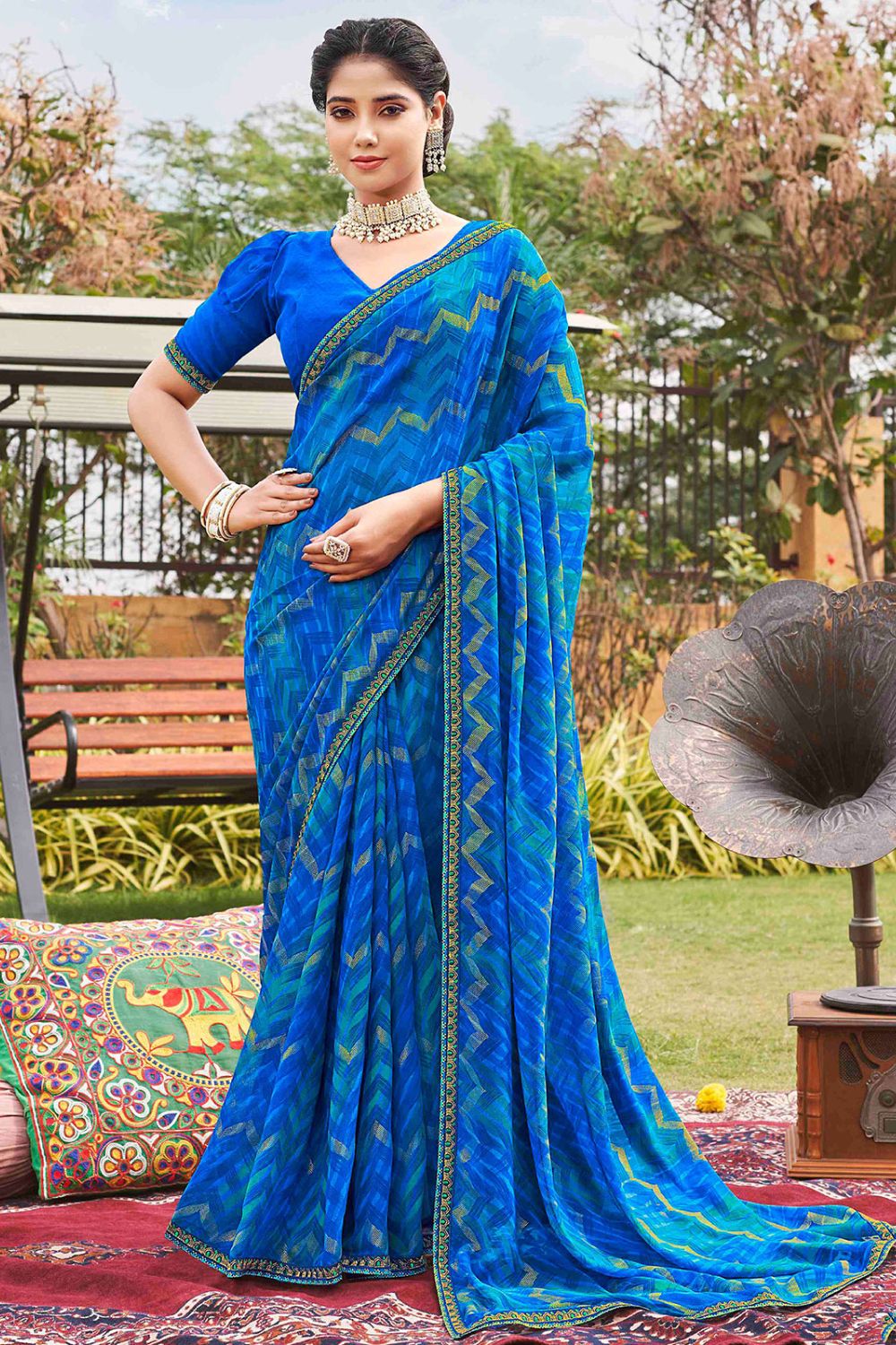 Royal Blue Printed Georgette Casual Wear Saree